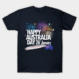 Happy Australia Day 26th January inscription poster with Australian Flag, Australia Map, stars and fireworks. Funny Australia, Patriotic National Holiday Festive Poster for gifts and clothing design. Festival Event decoration. T-Shirt